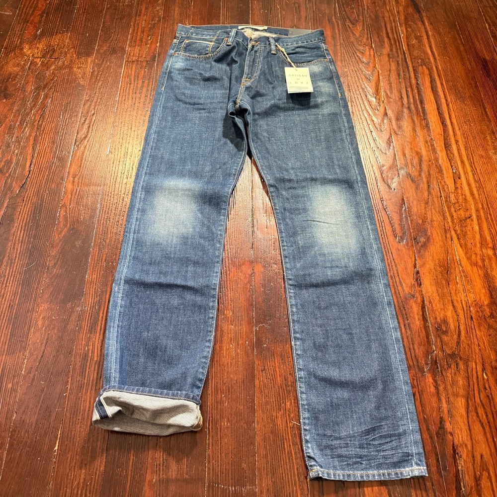 Artisan De Luxe Jeans Mens 31x34 Ble Selvedge Slim Straight Faded Whiskers NWT‎